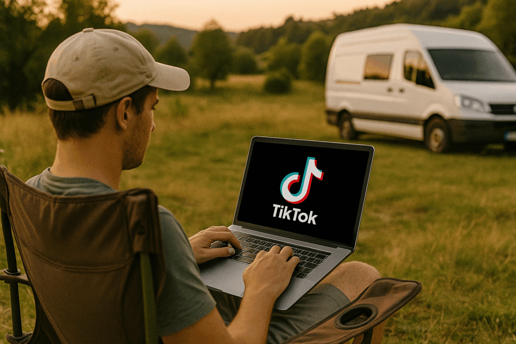 AI generated image of a man sitting in a camp chair using a laptop with a TikTok logo on the screen. Camper in the background.
