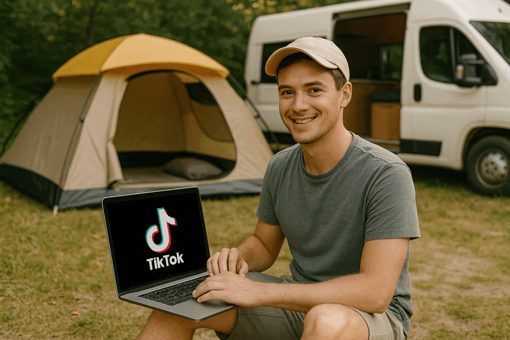 AI generated image of a man sitting in front of a camper van and tent with a laptop on his knee, with a TikTok logo on the screen.