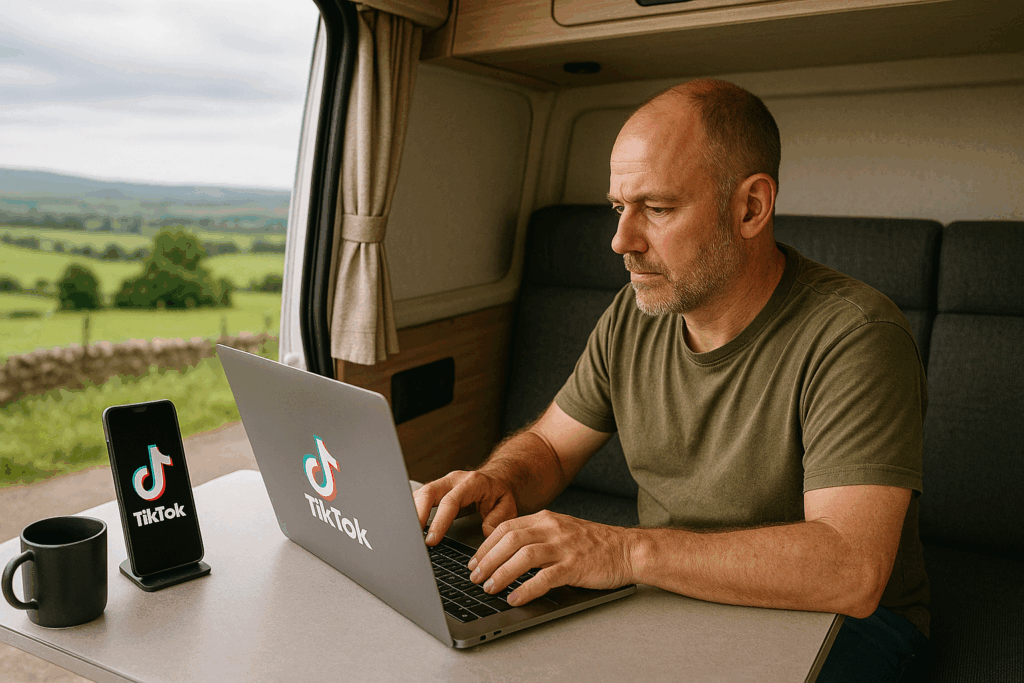 AI generated image of a man in a motorhome working on a laptop with a landscape view in the distance.