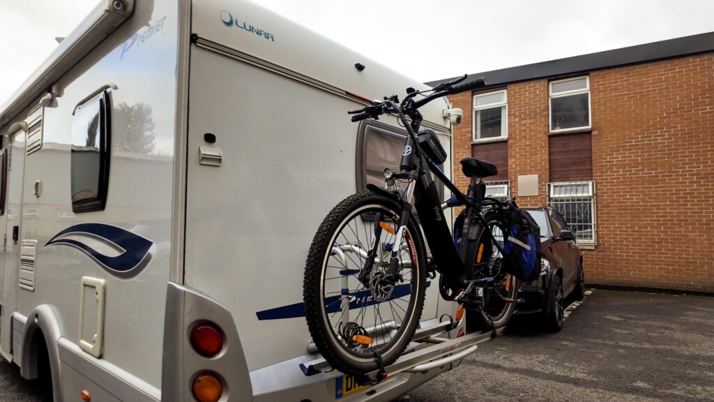 My Eskute ebike on the back of my motorhome.