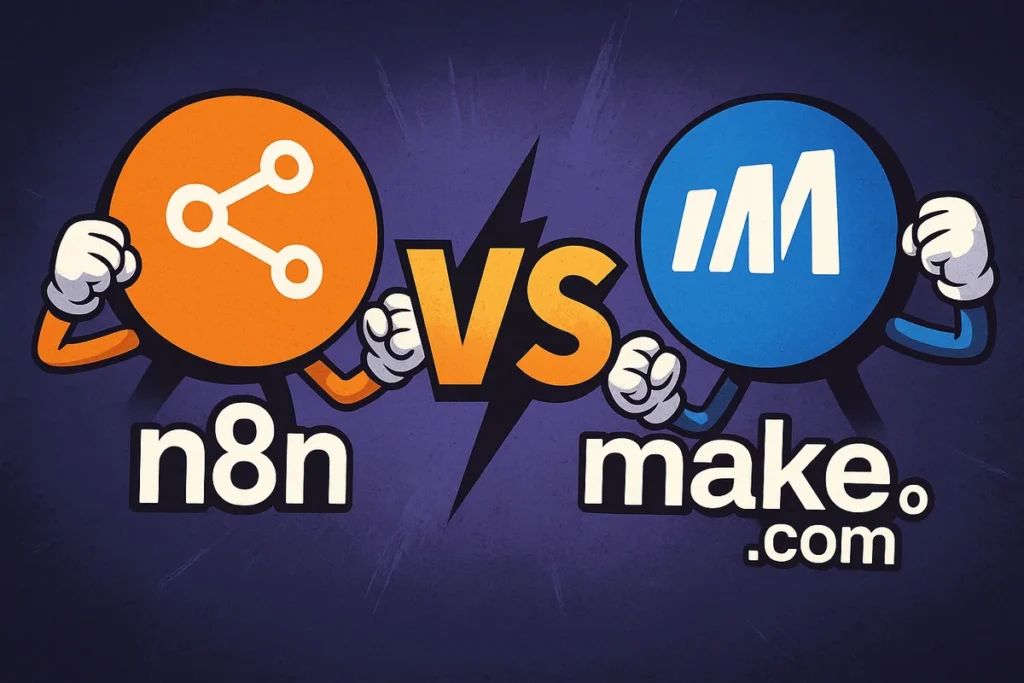 Graphic showing n8n fight make.com for dominance.