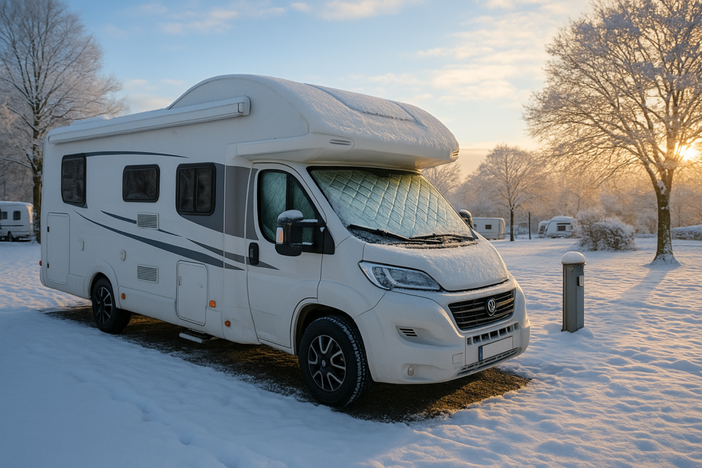 A motorhome parked on a campsite, in winter, with snow on the ground.