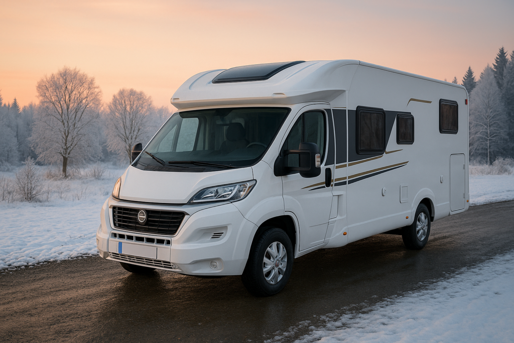 A motorhome on a hard stand at a campsite in the winter.