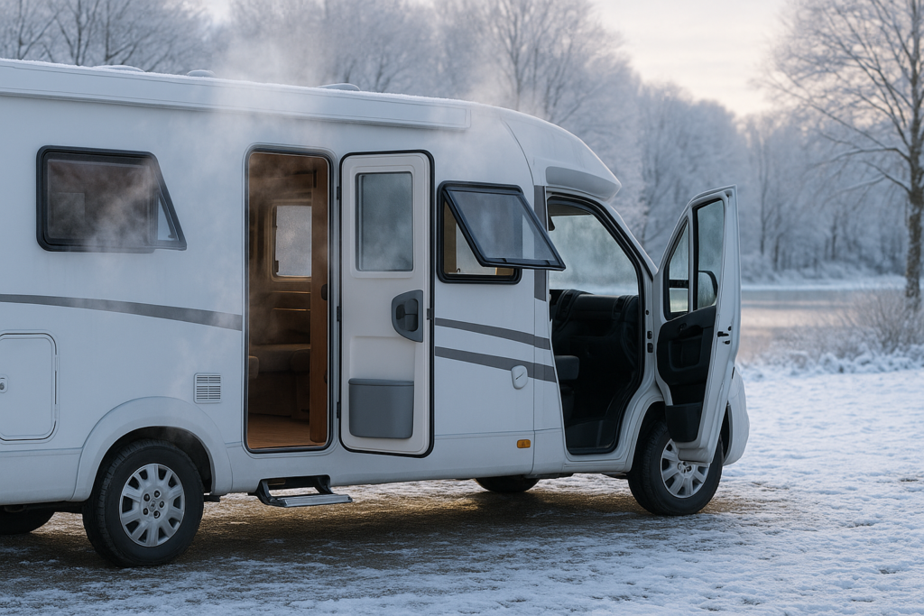 Motorhome ventilated in winter with doors and windows open to reduce condensation during cold UK weather.