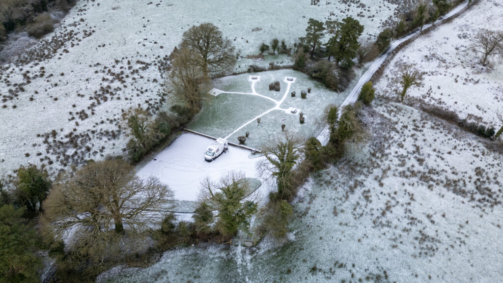 A motorhome parked in a snow covered car park near Trory Jetty, Enniskillen.